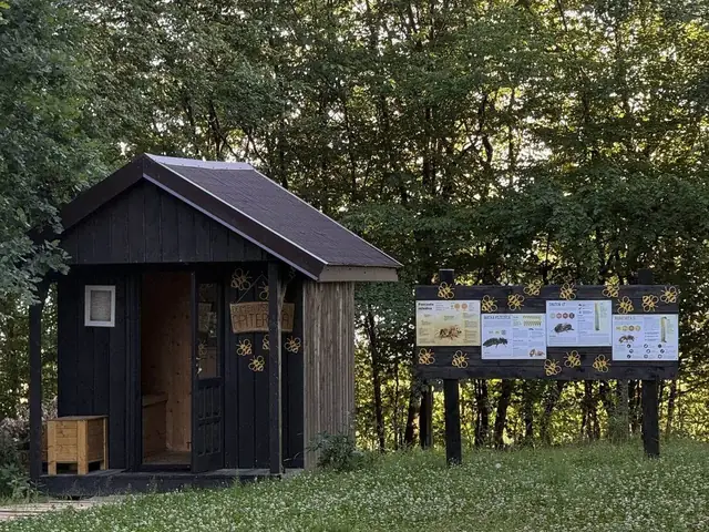 Domek apiterapii z tablicami o pszczołach